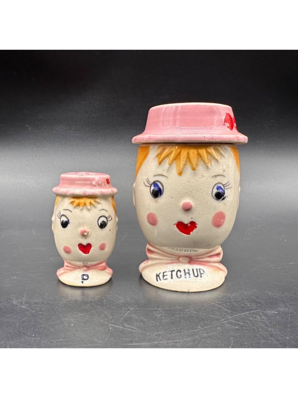 Vintage Pepper Shaker Ketchup Jar Set Mid Century Kitschy Anthropomorphic READ
